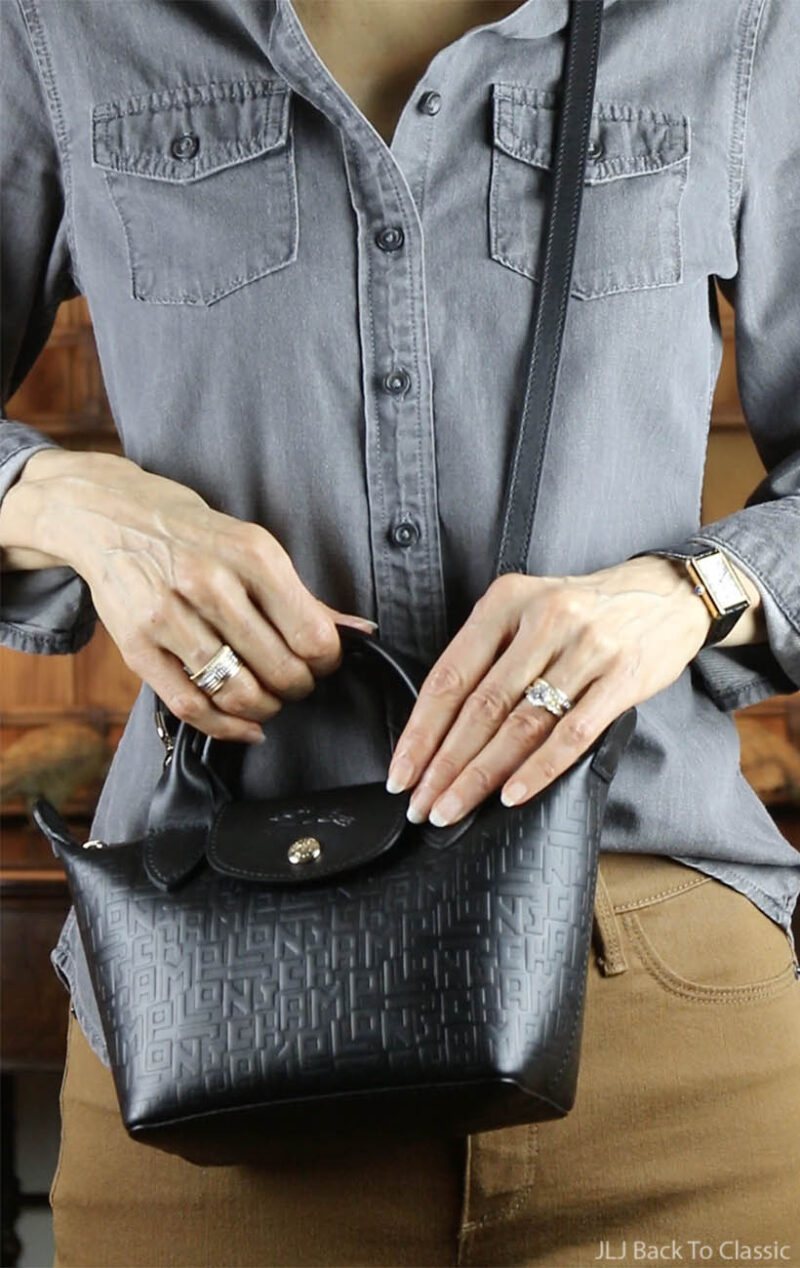 Vlog Longchamp Le Pliage Cuir LGP XS Top Handle Bag, Denim Shirt