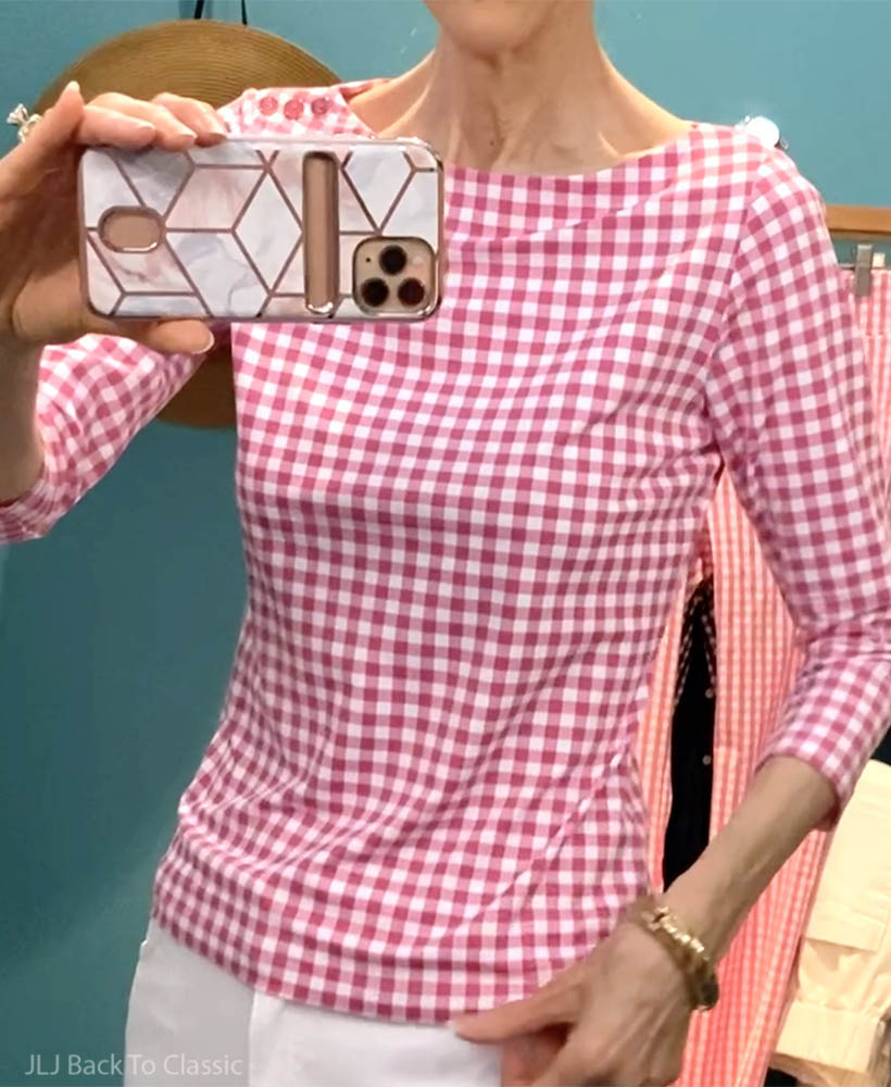 J.McLaughlin Naples FL Try On Gingham Wavesong Tee, Hot Pink JLJBackToClassic
