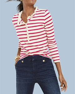 talbots striped ruffle neck top, pink and white