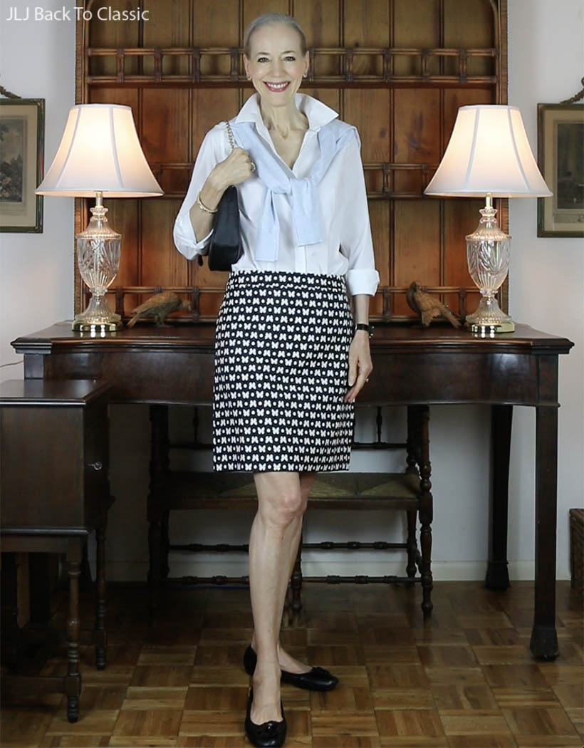 classic style over 60 white button up shirt, black, white skirt, ballet flats