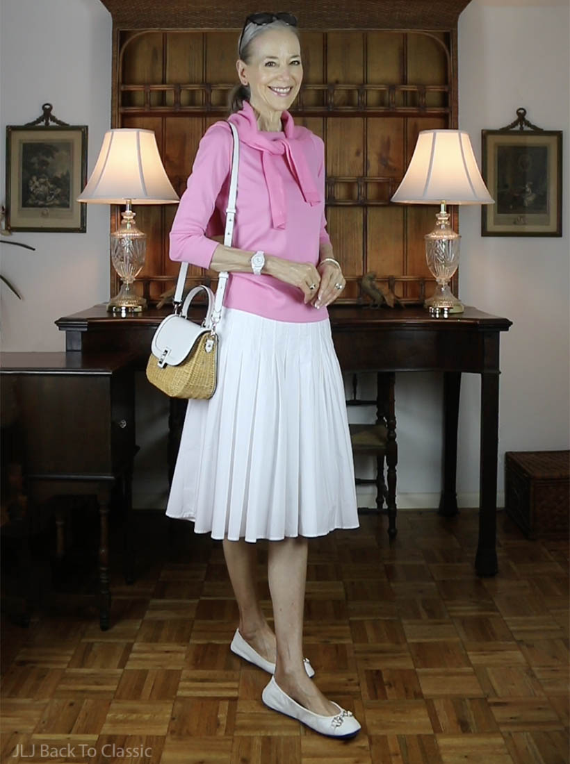 classic style talbots pink cardigan, tee, white pleated skirt jljbacktoclassic 2