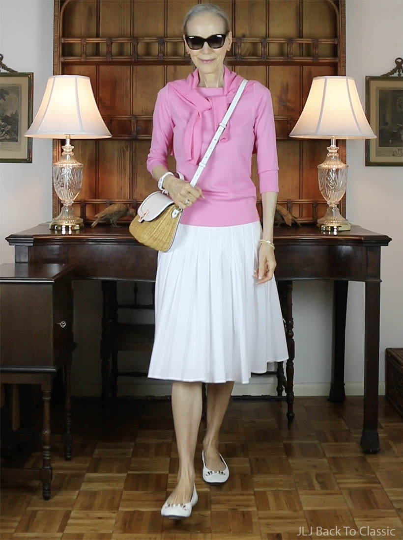 classic style talbots pink cardigan, tee, white pleated skirt jljbacktoclassic