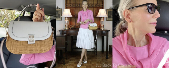 classic style talbots pink cardigan, tee, white pleated skirt jljbacktoclassic