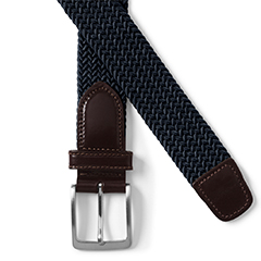 land's end navy elastic woven belt with brown leather trim