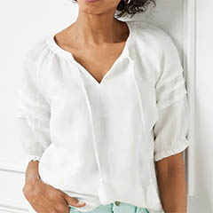 talbots pleated sleeve white linen peasant top