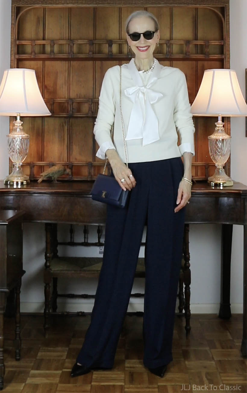 timeless fashion classic silk bow blouse, navy silk trousers, ferragamo vara bow bag 4