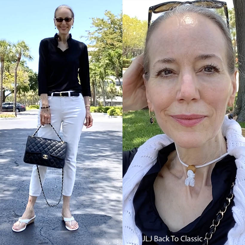 Timeless Fashion: Chanel Black Caviar Jumbo Classic Flap, Black Ruffle-Neck  Top, White Jeans, Sandals / Classic Style For Women – JLJ Back To Classic /
