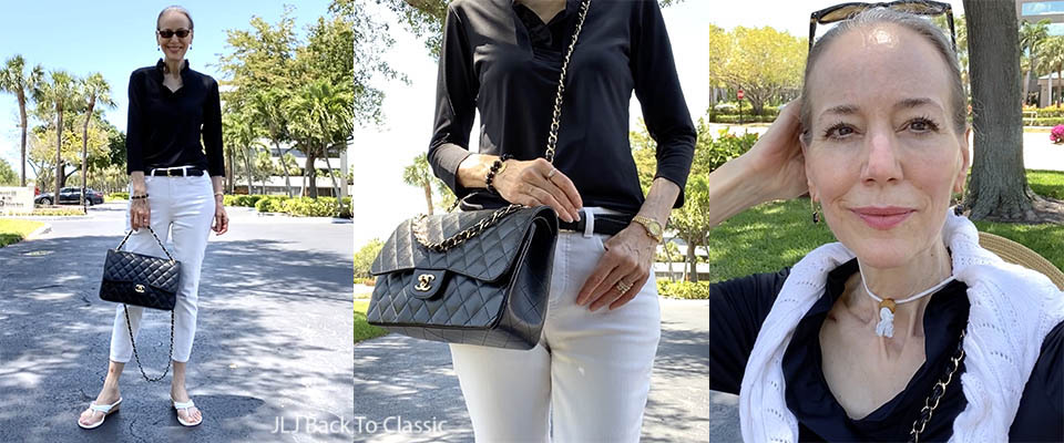 Chanel black classic flap, ruffle top, white jeans OOTD, Classic Fashion 50+ Cover