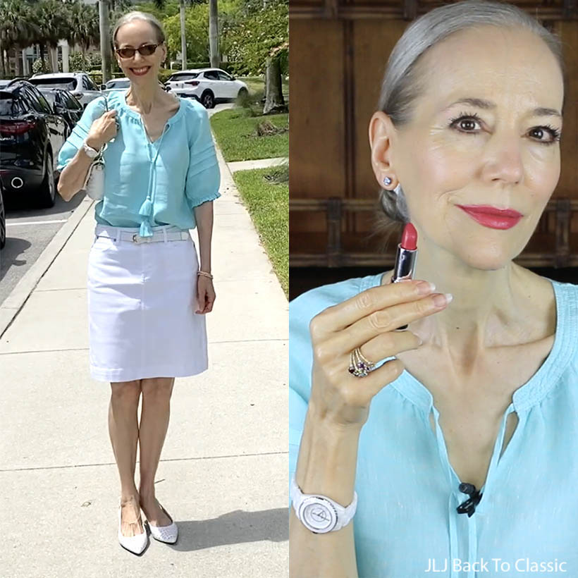 Turquoise Top, White Denim Skirt, Gabriel Lipstick, Timeless Style Janis Lyn Johnson