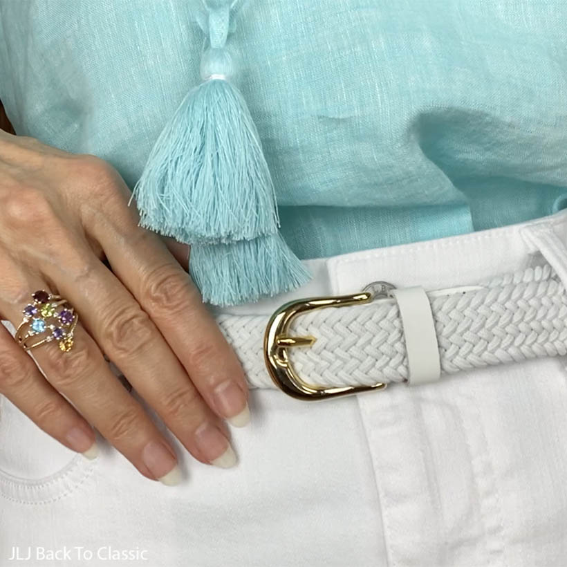 timeless style, semi-precious stone ring, turquoise linen top, white denim skirt, jljbacktoclassic
