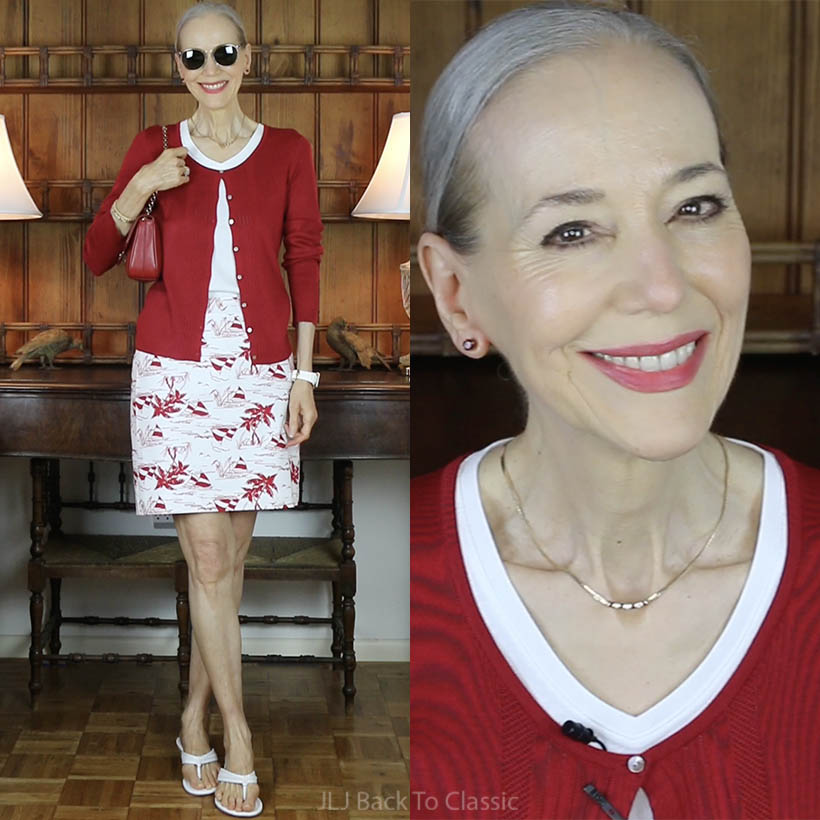 timeless style red cardigan, white tee, short skirt, ferragamo gancini shoulder bag, jljbacktoclassic
