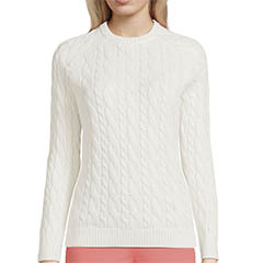 lands end womens cotton drifter cable knit crew neck sweater, ivory