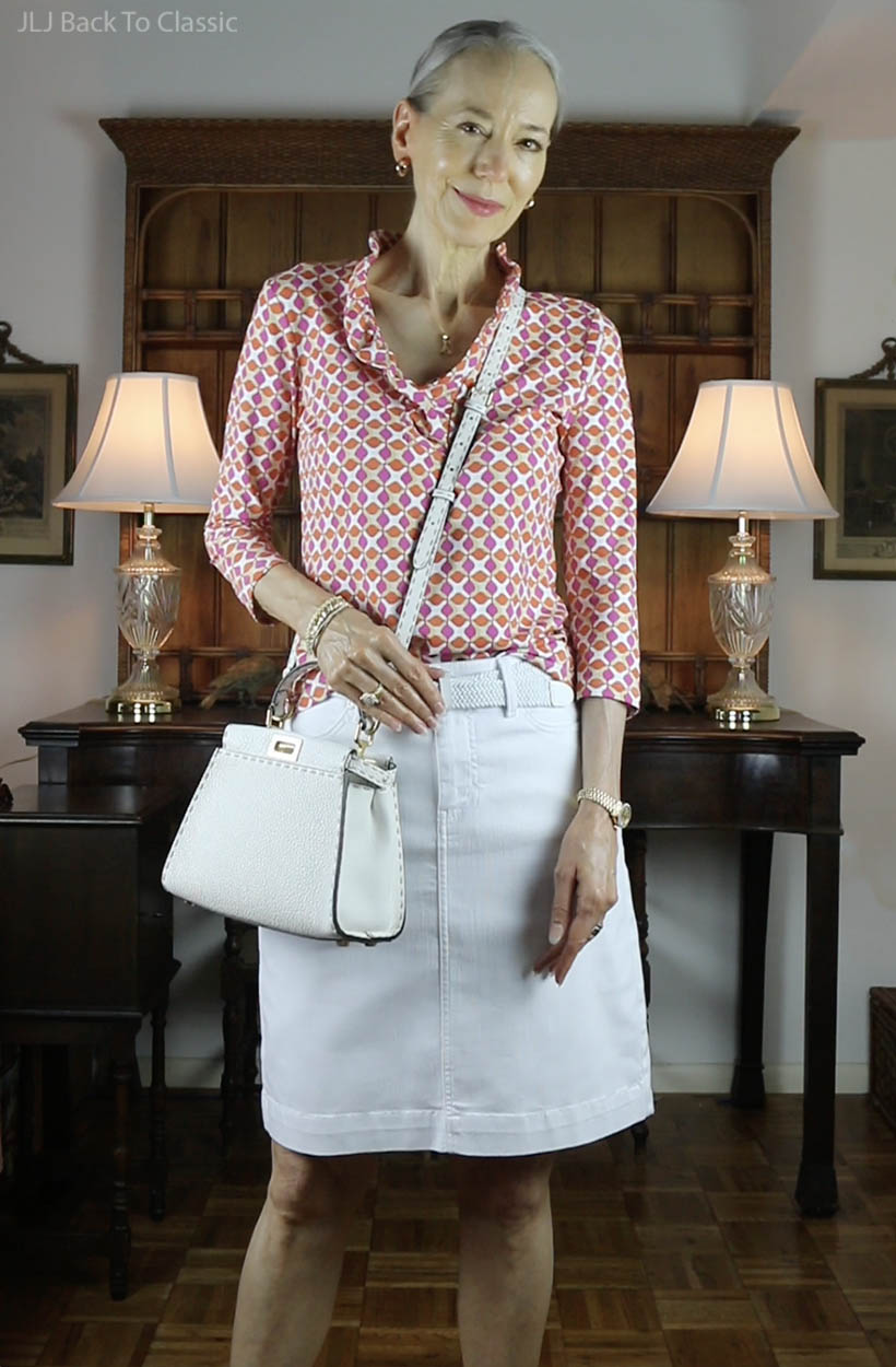 timeless style fendi peekaboo mini white selleria bag, ruffle top, white skirt 2