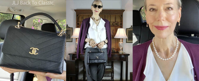 Chanel Chevron Chic Bag, Grey Pants, Ruffle Top, Plum Cardigan OOTD cover