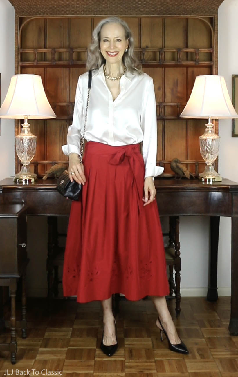 chanel coco handle bag, white silk blouse, red taffeta skirt, janis lyn johnson 1