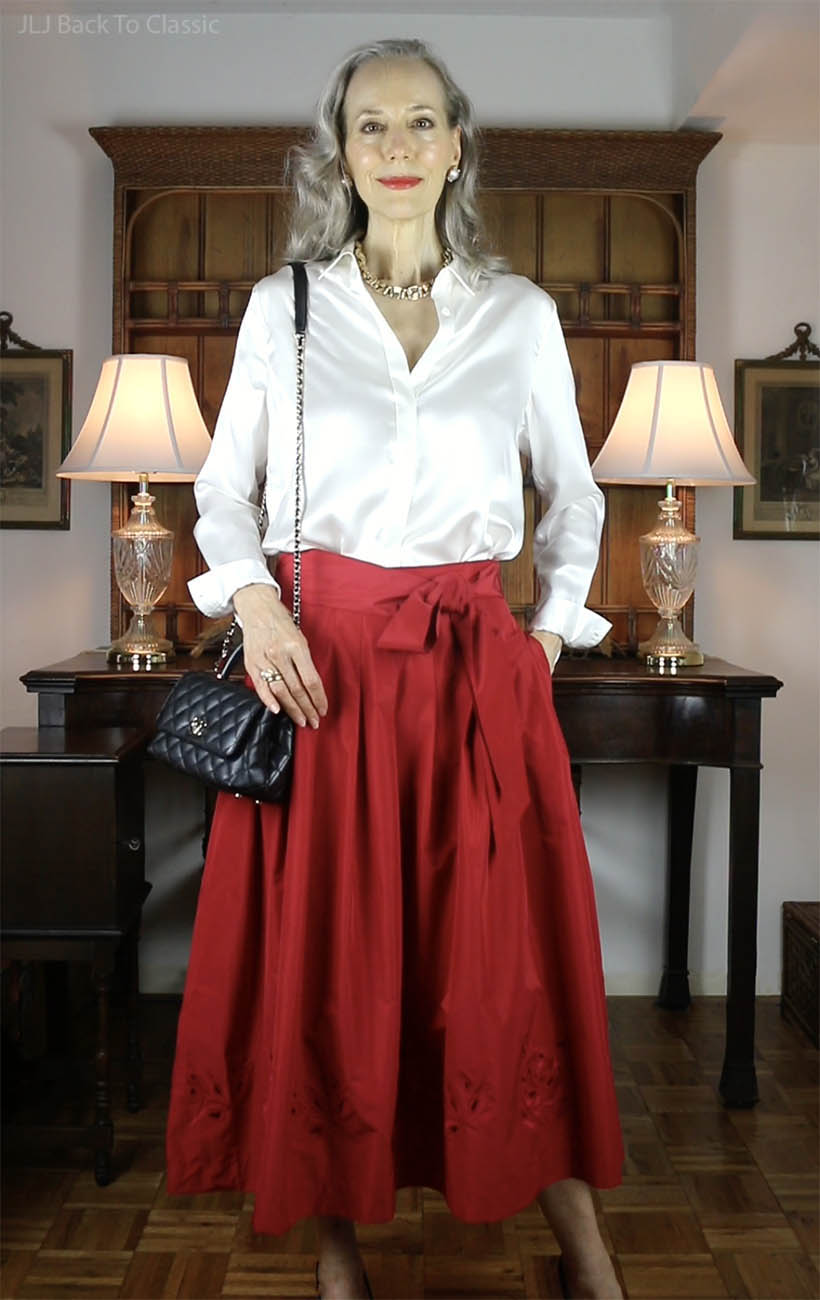 chanel coco handle bag, white silk blouse, red taffeta skirt, janis lyn johnson 2