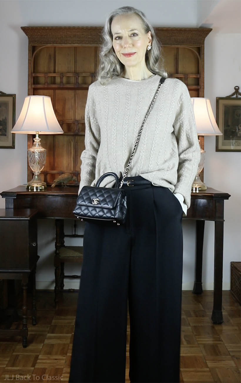 chanel mini coco handle bag, lilysilk beige semi-sheer cableknit cashmere sweater 1