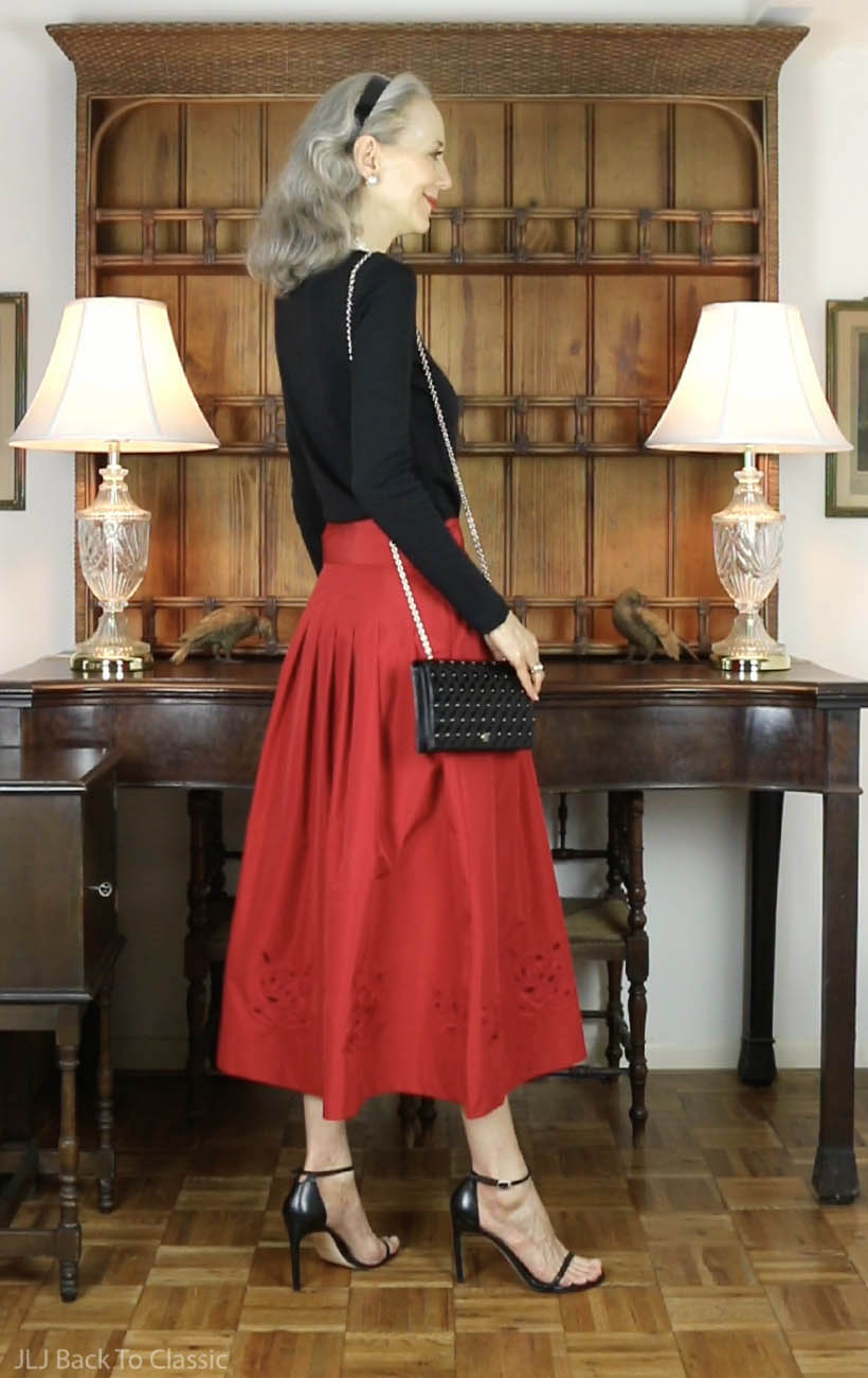talbots black cotton long-sleeve tee, red taffeta midi skirt, janis johnson 3b
