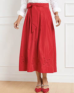 talbots red embroidered taffeta fit and flare skirt