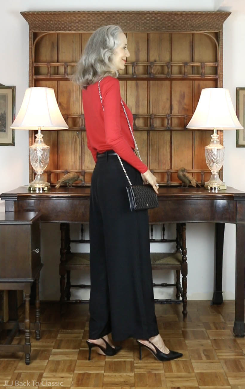 timeless style fendi shoulder bag, red sweater set, black silk ankle pants 2