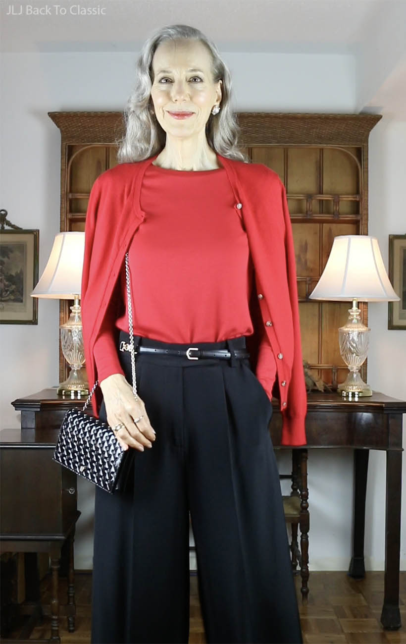 timeless style fendi shoulder bag, red sweater set, black silk ankle pants 3