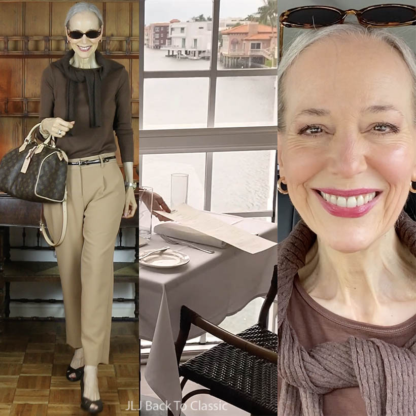 vlog:timeless style louis-vuitton-speedy-30, brown sweater set, camel pants; lunch bayside seafood grill, naples, fl