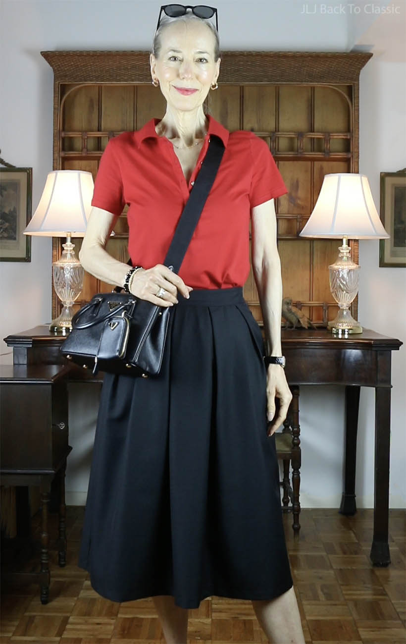 Fendi black mini galleria bag, red polo shirt, Goelia black full midi skirt 4