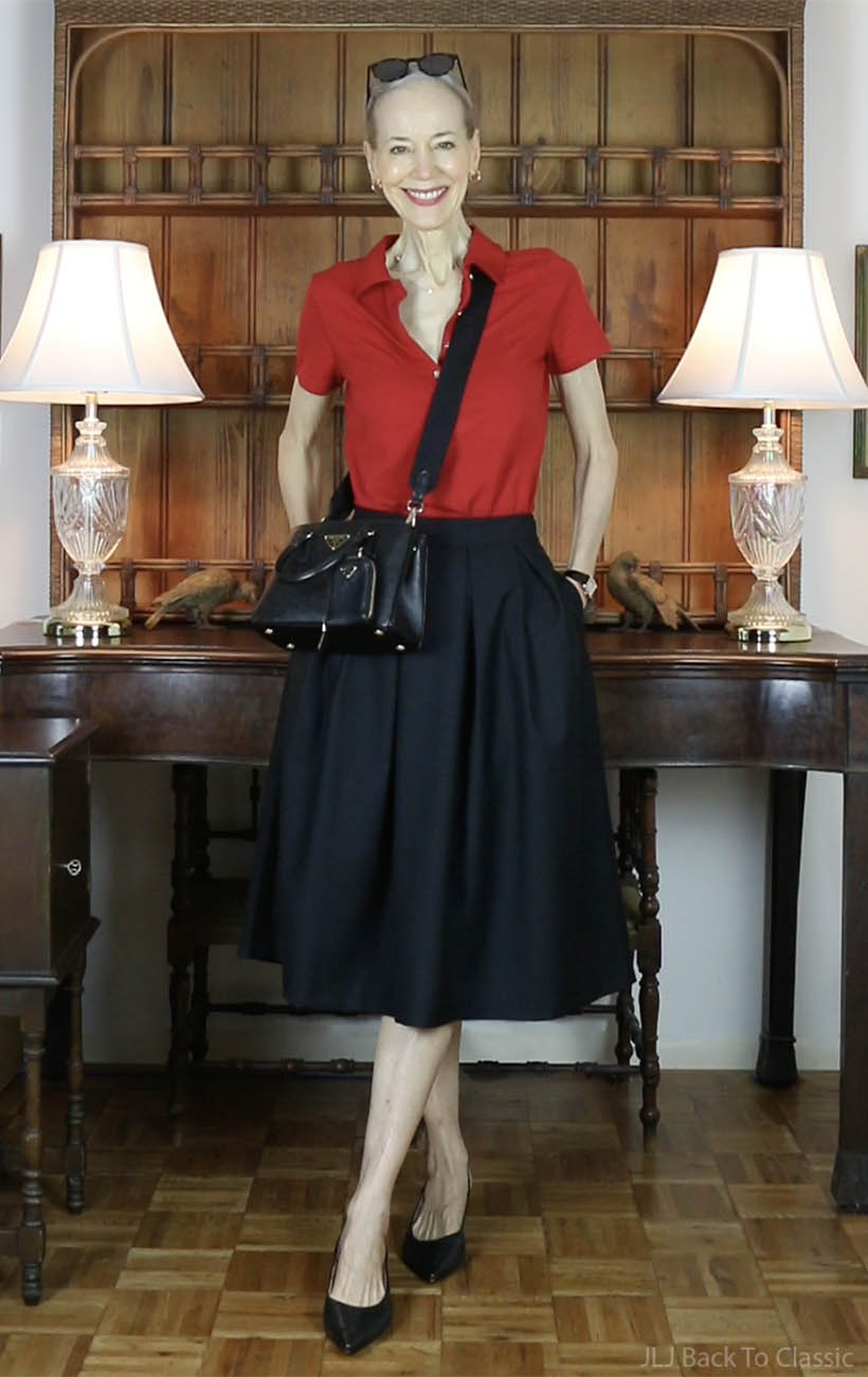 Fendi black mini galleria bag, red polo shirt, Goelia black full midi skirt