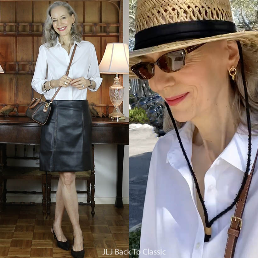timeless style celine small boston bag triomphe, black leather skirt, white shirt blog