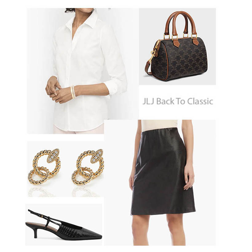 elegance over 50, white classic shirt, black leather skirt, kitten heel pumps, celene boston bag