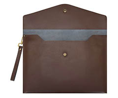 document holder, brown leather, aged gold hardware, suede interior, by Wonderpool