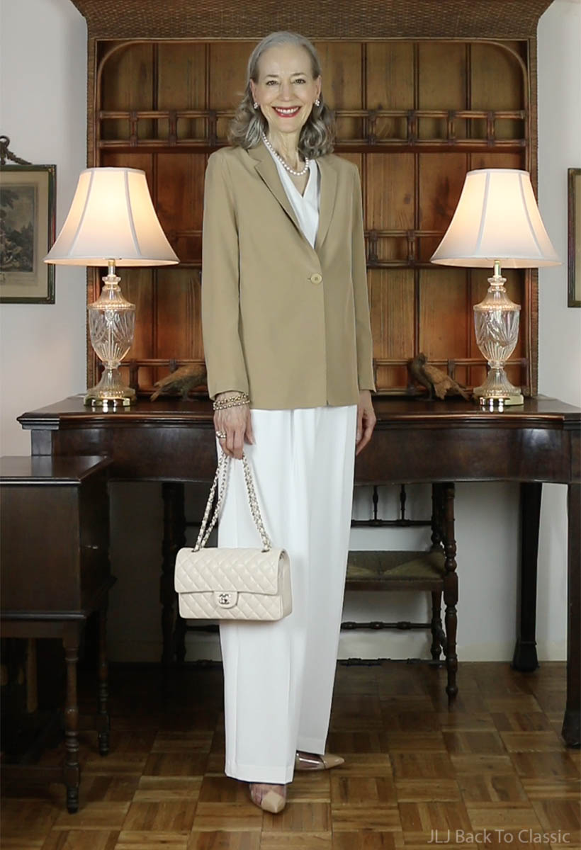 chanel-beige-classic-flap-goelia-white-trousers-v-neck-blouse-5