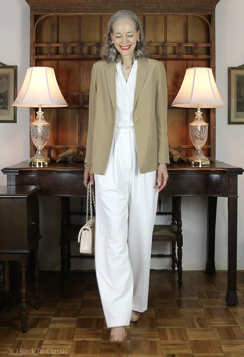 chanel-beige-classic-flap-goelia-white-trousers-v-neck-blouse-6