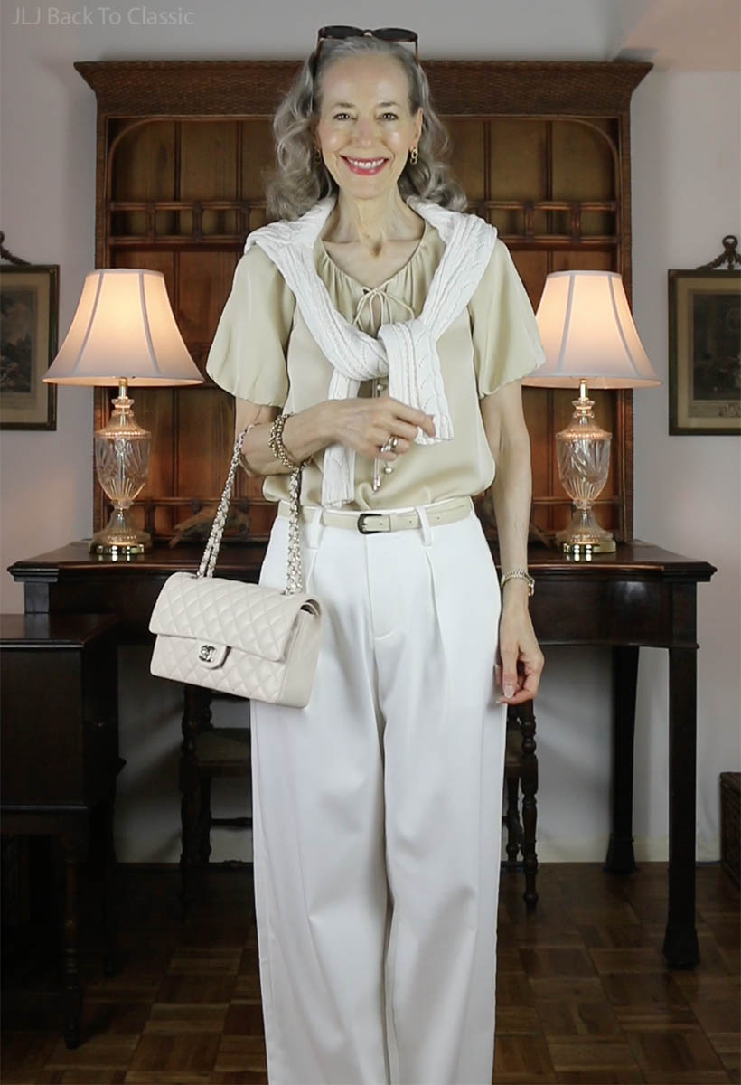 chanel-beige-classic-flap-white-pleated-trousers-beige-silk-peasant-blouse-2