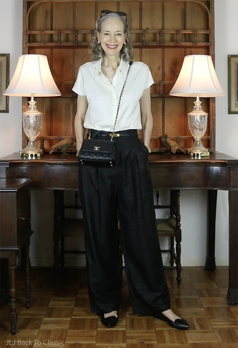 chanel-black-coco-handle-goelia-white-silk-blouse-black-trousers-1