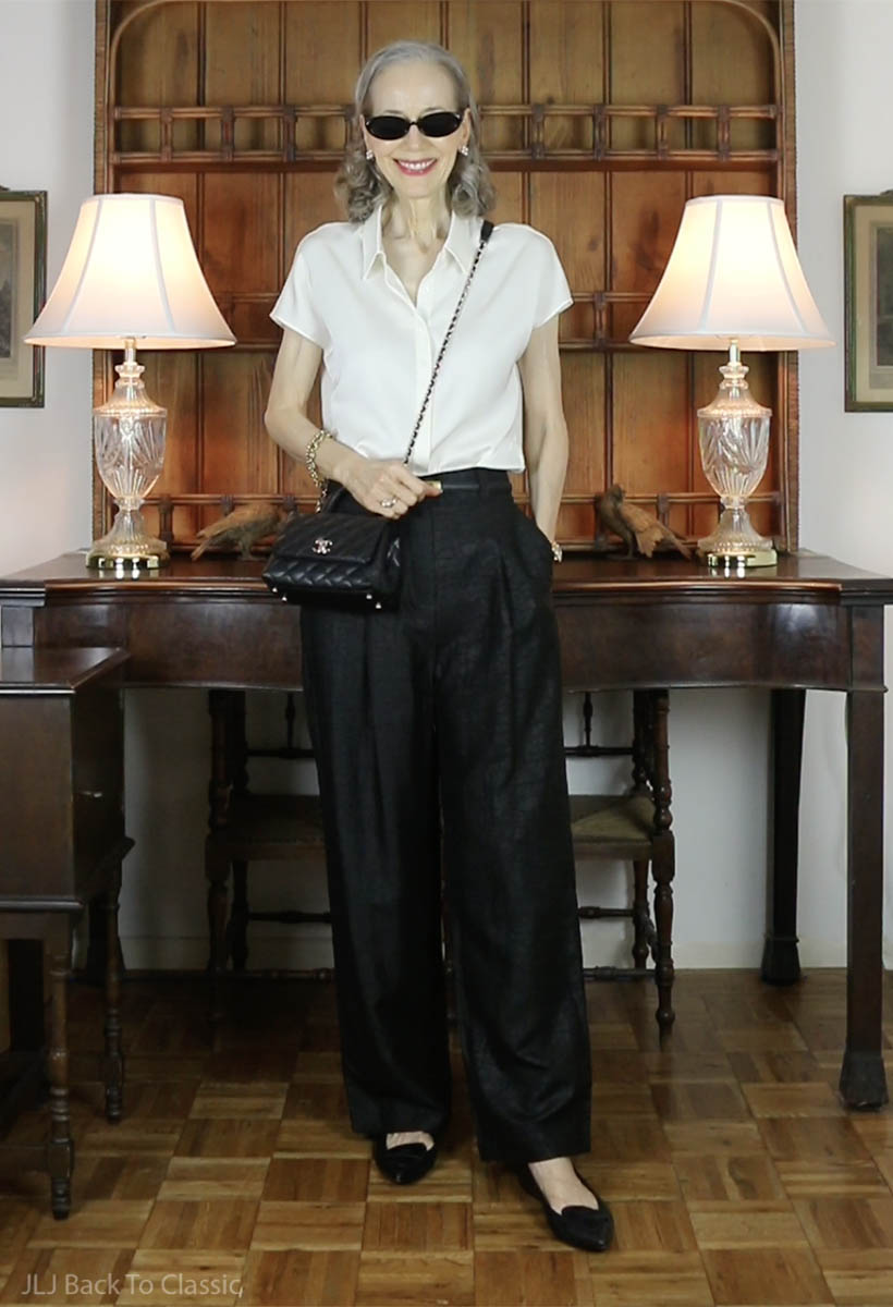 chanel-black-coco-handle-goelia-white-silk-blouse-black-trousers-3