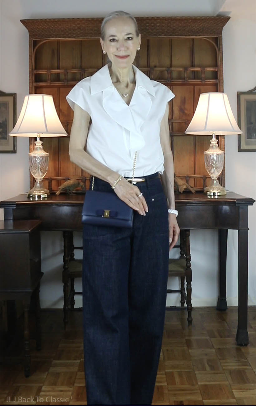 ferragamo-vara-bow-bag-dark-wash-wide-leg-jeans-white-ruffle-blouse-5