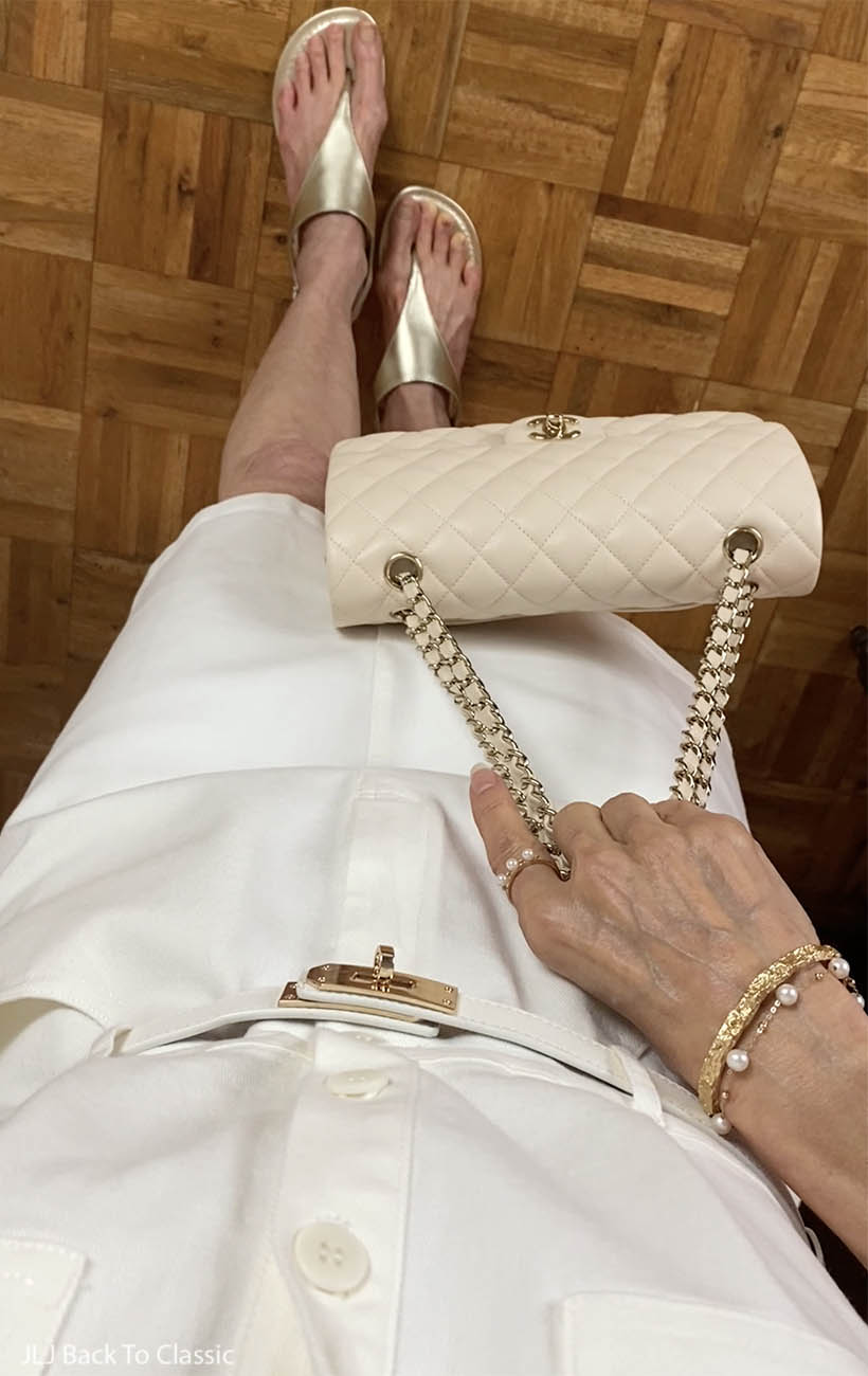 chanel-beige-classic-flap-goelia-white-denim-shirtdress-on-janis-lyn-johnson-6