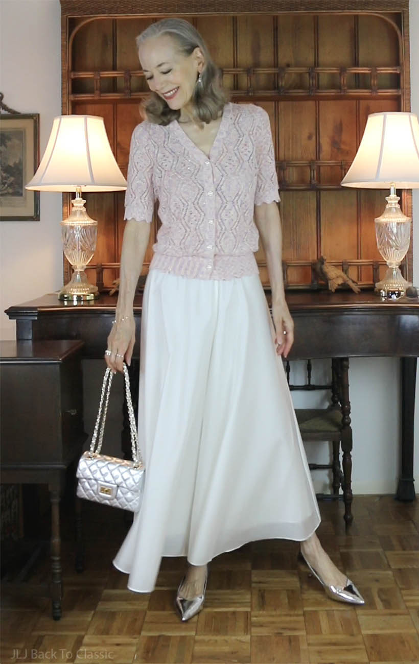 classic-fashion-60plus-influencer-janis-lyn-johnson-white-palazzo-pants-pink-sweater-2