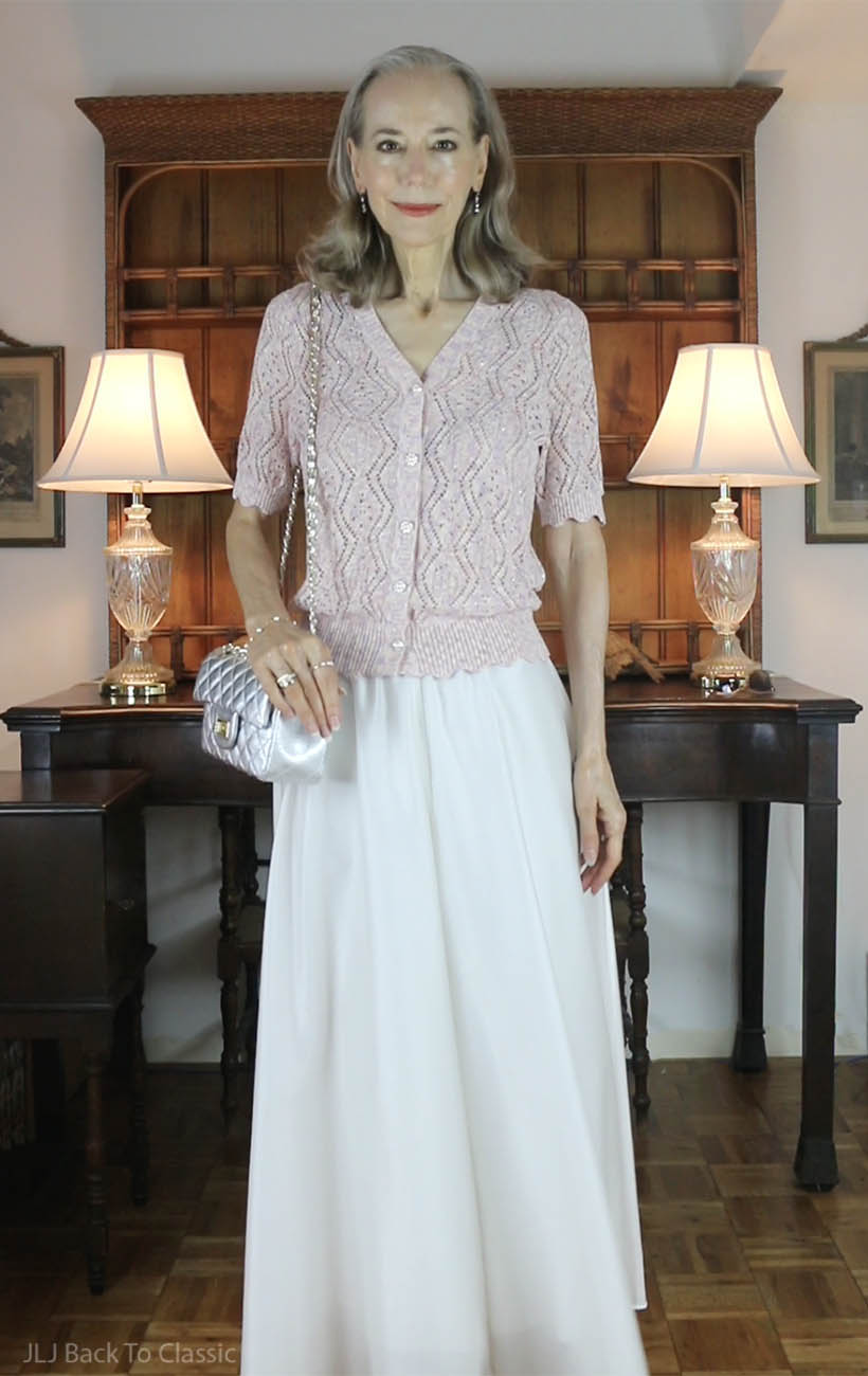 classic-fashion-60plus-influencer-janis-lyn-johnson-white-palazzo-pants-pink-sweater-5