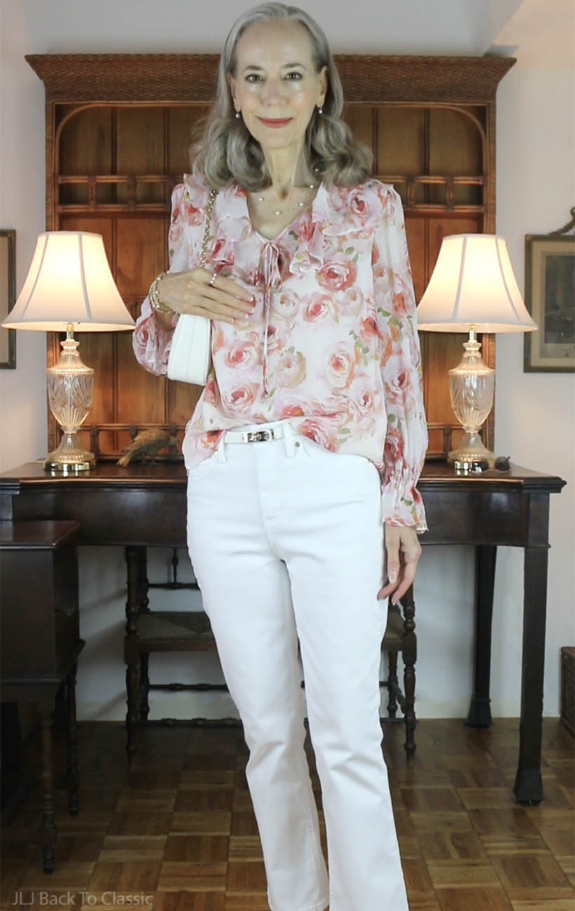 classic-style-influencer-janis-lyn-johnson-prada-redition-floral-blouse-white-jeans-1