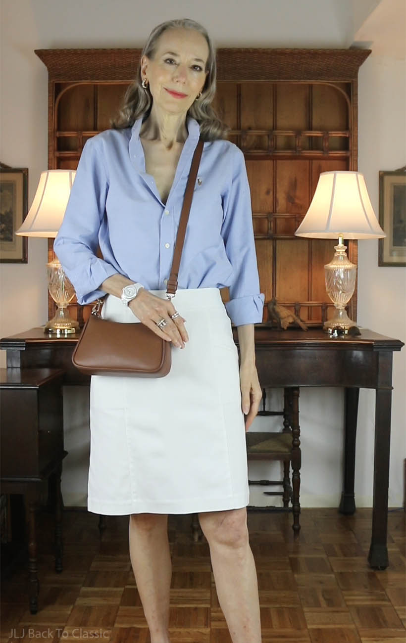 ralph-lauren-blue-oxford-shirt-white-skirt-slingback-pumps-ootd-1