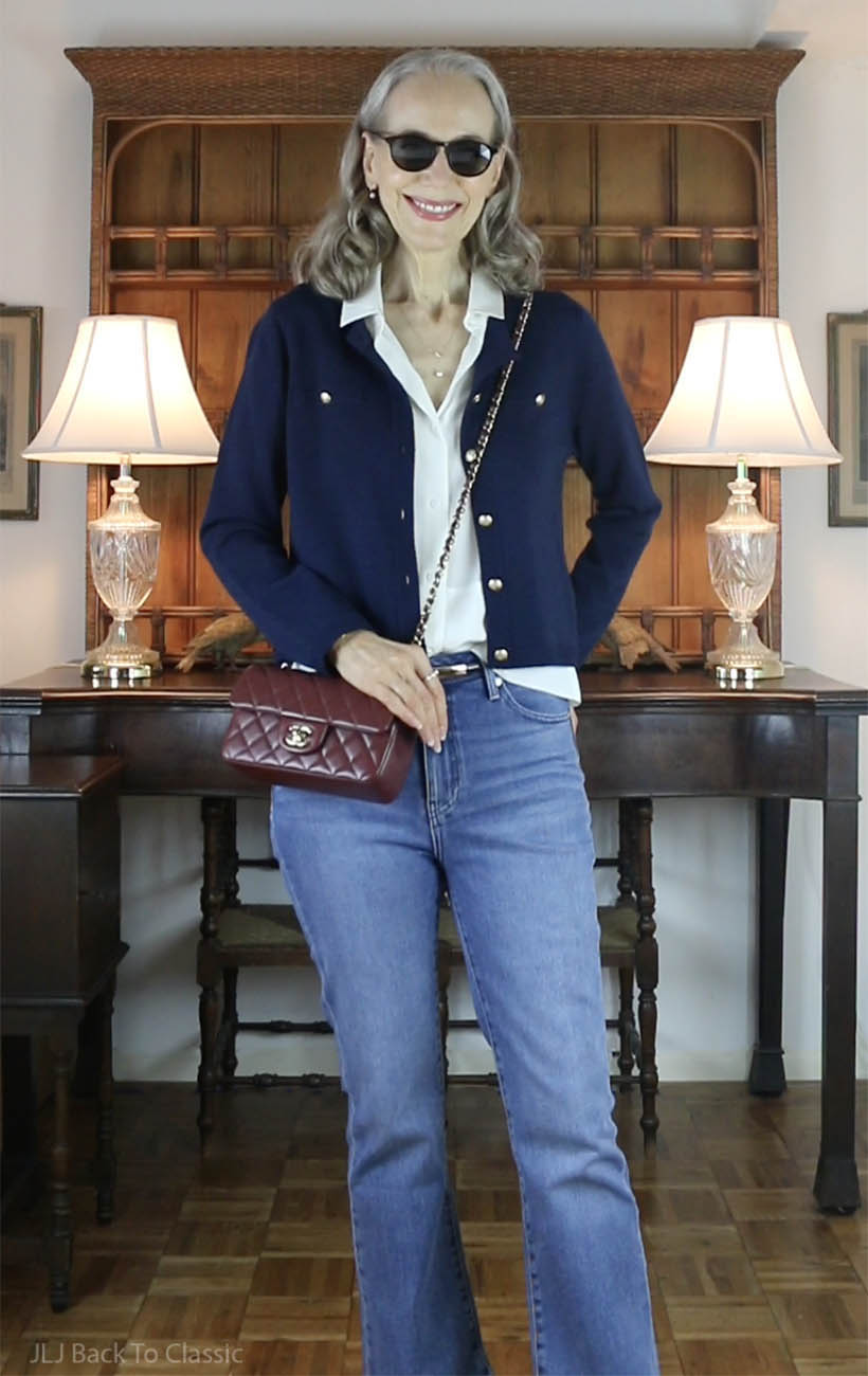 chanel-burgundy-mini-classic-flap-lilysilk-shirt-navy-wool-cardigan-quince-jeans-2