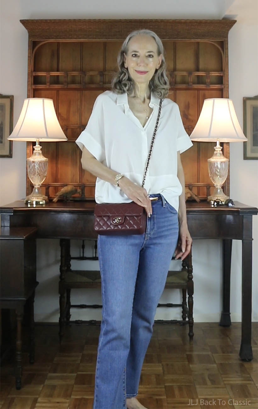chanel-burgundy-mini-classic-flap-lilysilk-shirt-navy-wool-cardigan-quince-jeans-3