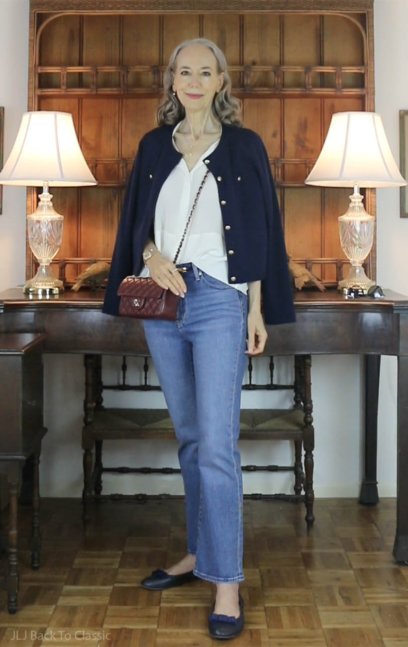 chanel-burgundy-mini-classic-flap-lilysilk-shirt-navy-wool-cardigan-quince-jeans-5
