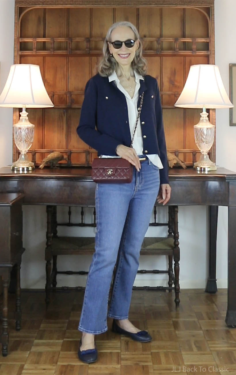 chanel-burgundy-mini-classic-flap-lilysilk-shirt-navy-wool-cardigan-quince-jeans-7