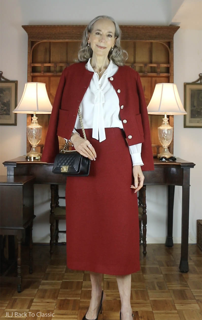 chanel-small-black-caviar-boy-bag-red-cropped-lady-jacket-and-skirt-2