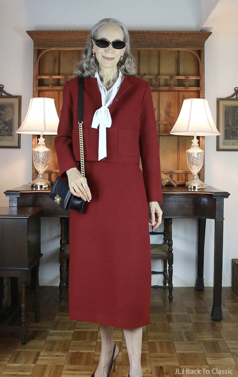 chanel-small-black-caviar-boy-bag-red-cropped-lady-jacket-and-skirt-5