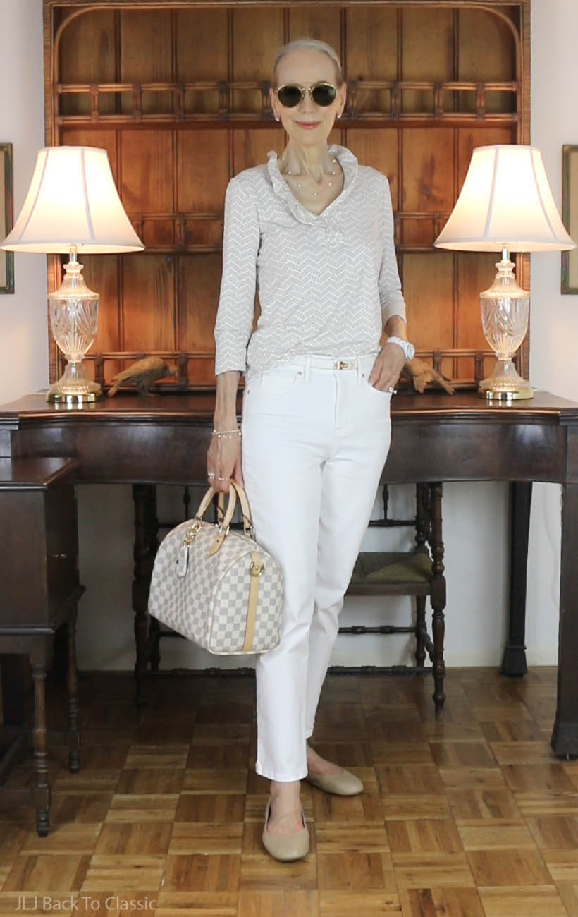 louis-vuitton-damier-azur-bandouliere-speedy-30-white-jeans-beige-ruffle-top-1