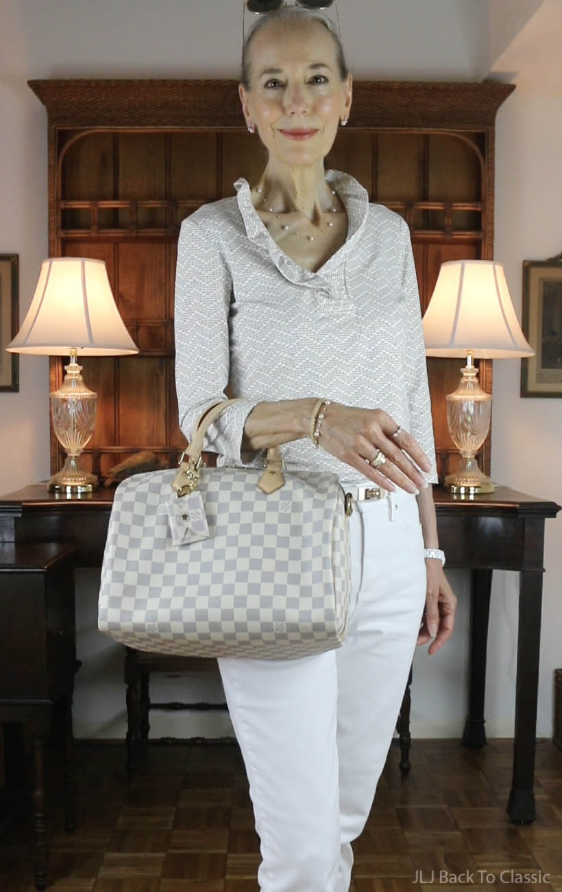louis-vuitton-damier-azur-bandouliere-speedy-30-white-jeans-beige-ruffle-top-2